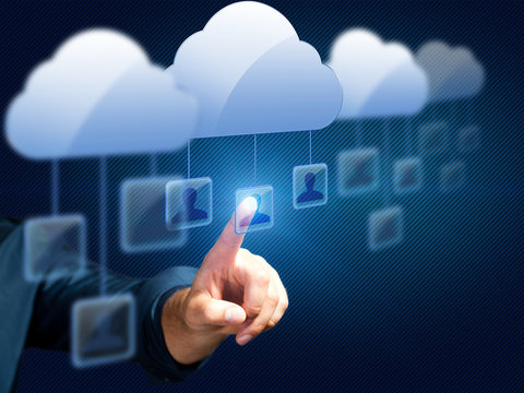 man touching a person-icon in a cloud network