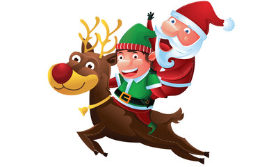 Santa and Elf riding a reindeer