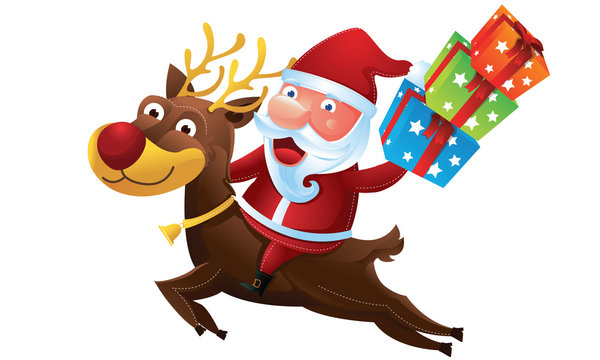 Santa riding a reindeer with gift box