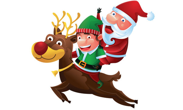 Santa and Elf riding a reindeer