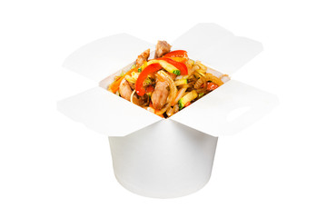 Chinese fast food dish in white paper box