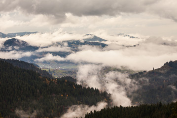 global warming. mountain landscape. Clouds and fog