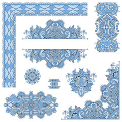 set of blue colour paisley floral design elements for page decor