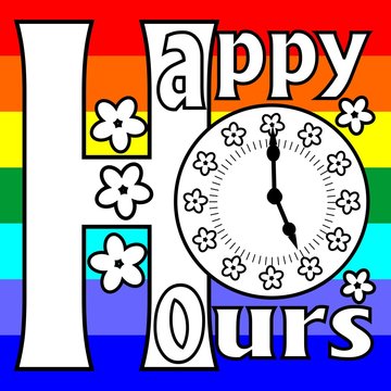 Happy hours billboard with clock face on a rainbow background