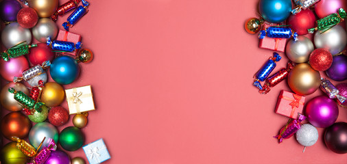 Christmas gifts on red background.
