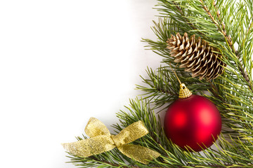 Spruce branches with Christmas decorations.