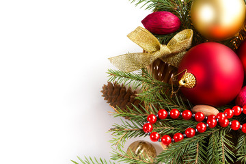 Spruce branches with Christmas decorations.