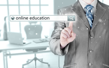 Online education written in search bar on virtual screen.