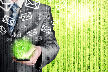 Business man holding smart phone and sending emails