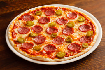 pizza on wood background