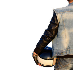 biker with helmet on white background