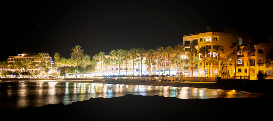 Night city with palms near the beach.