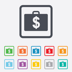 Case with Dollars USD sign. Briefcase button.