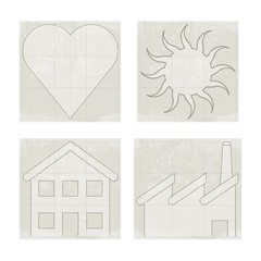 Four icons, heart, sun, house, factory