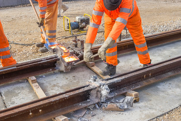 Tram track construction site, tracks being joined