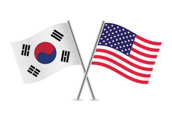 South Korea and America crossed flags. South Korean and American flags, isolated on white background. Vector illustration.