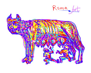 famous place of Rome Italy, original drawing in rainbow colours