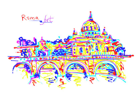 famous place of Rome Italy, original drawing in rainbow colours