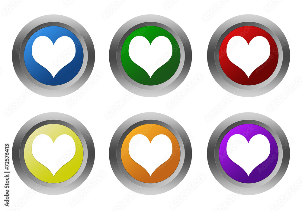 Poster set of rounded colorful buttons with heart symbol