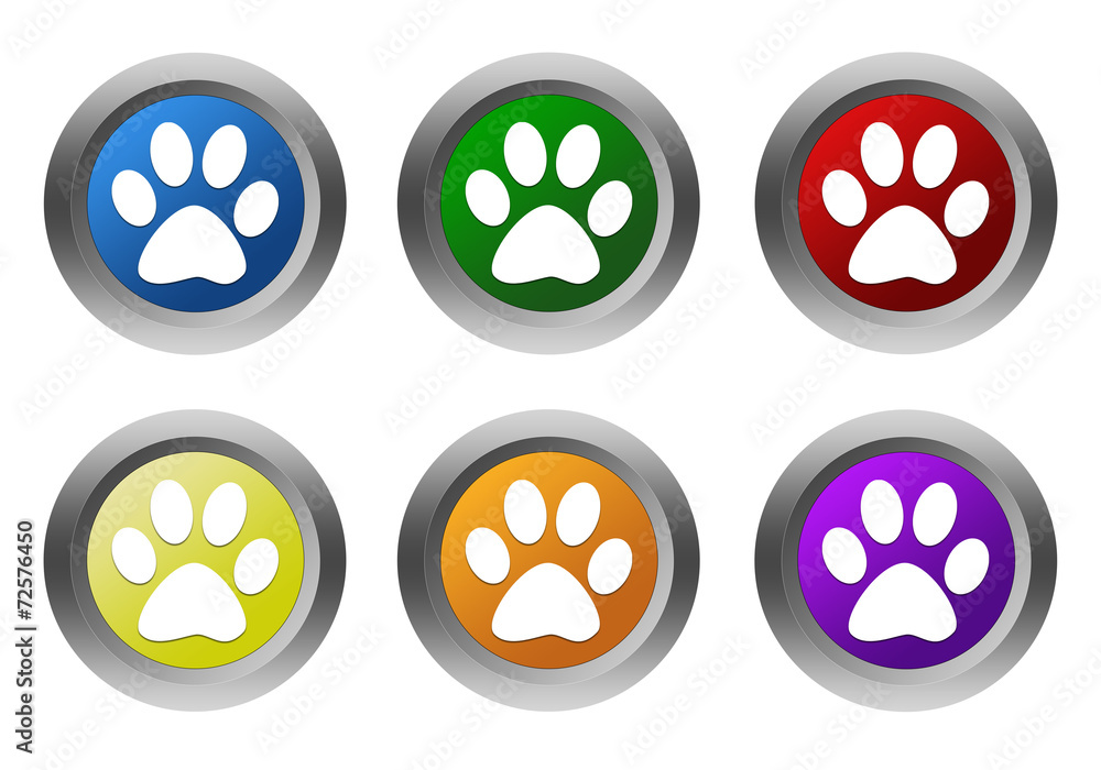 Poster set of rounded colorful buttons with pet footprints symbol
