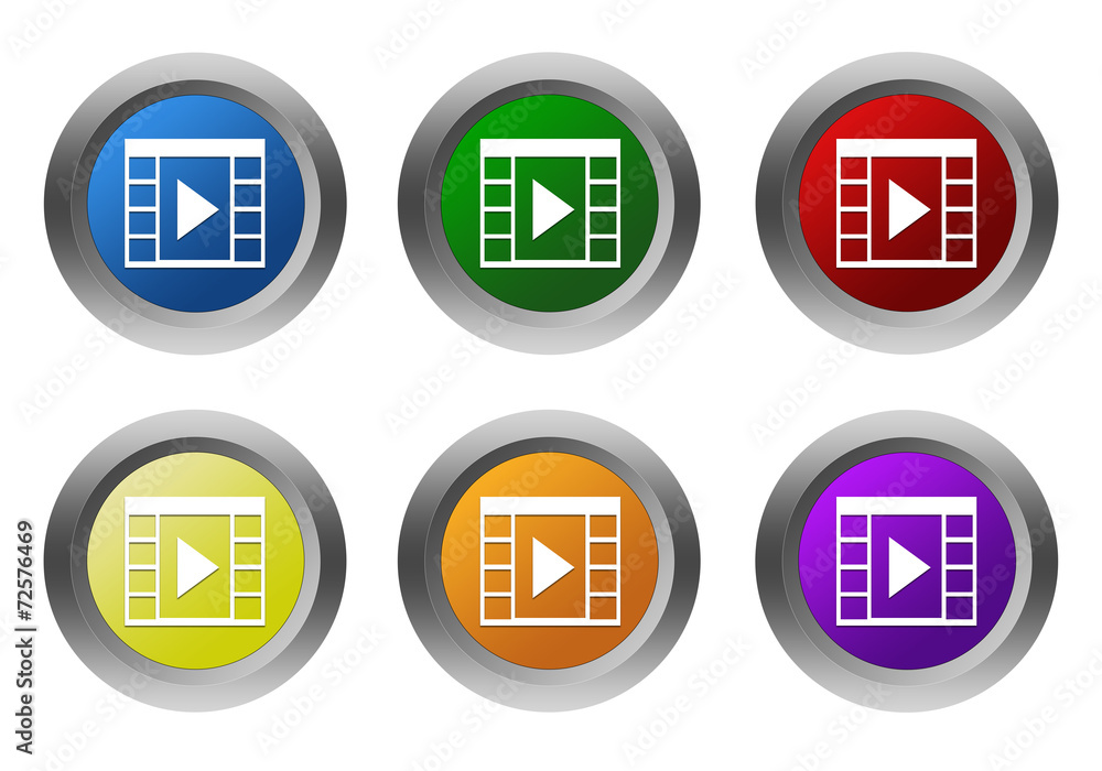 Poster set of rounded colorful buttons with movie symbol