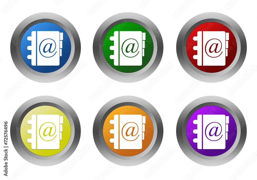 Poster set of rounded colorful buttons with address book symbol