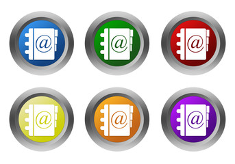 Set of rounded colorful buttons with address book symbol