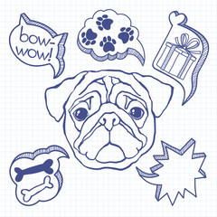 Dog and his dreams. Humorous vector illustration. Doodle sketch