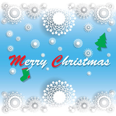 Green sock was hung on the greeting.Amid snowflakes