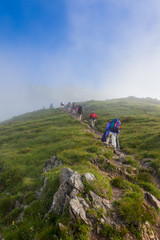 Obraz premium Hiker group trekking in Chamonix Mont blanc in France