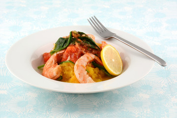 Prawn and spaghetti squash with roasted tomato and spinach