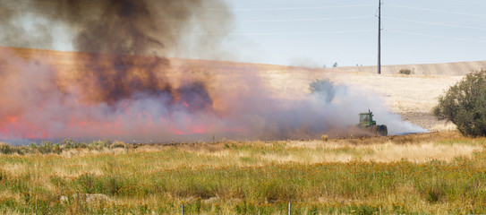 Agricultural Farmers Burn Plant Stalks Harvest Fire Tractor