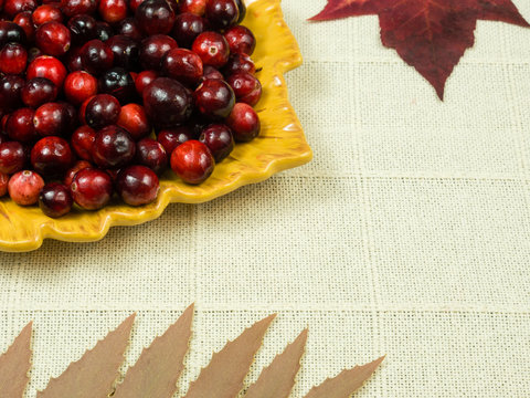 Plate of cranberries with autumn leaves