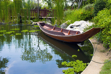 Wooden boat in pond