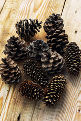 pine cones on wooden background