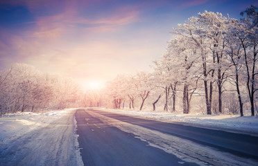 Beautiful winter sunrise on the highway