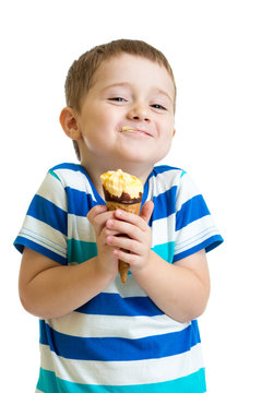 Funny Kid Boy Eating Ice Cream Isolated