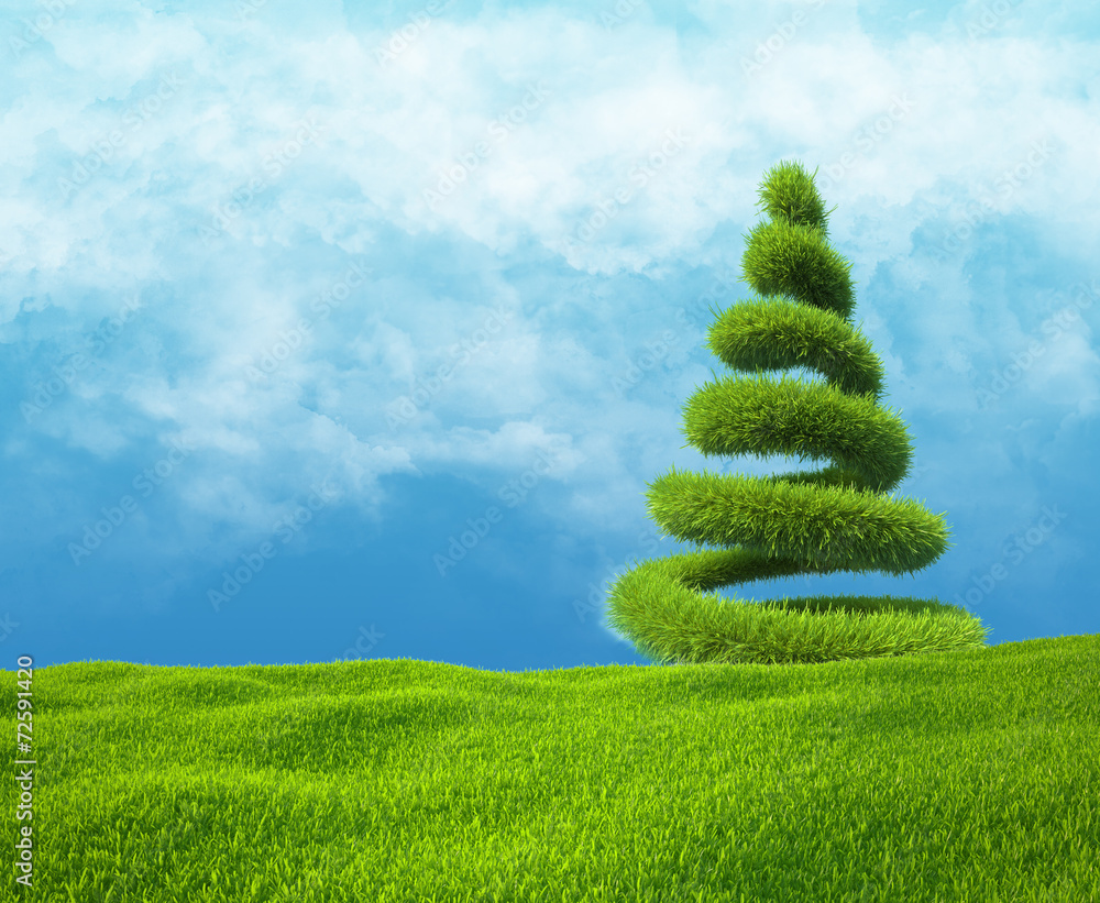 Wall mural Field of green grass and sky with helix tree.