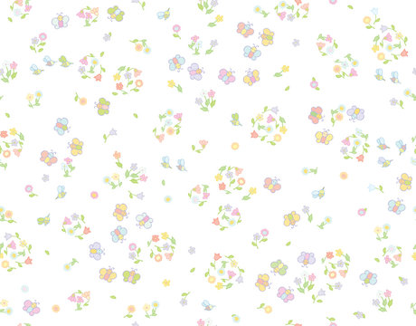 Vector seamless cute pattern flowers and insects.