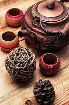 copper old tea-pot and accessories
