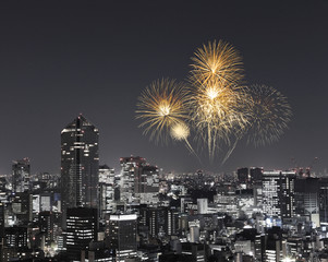 Fireworks celebrating over Tokyo cityscape at night