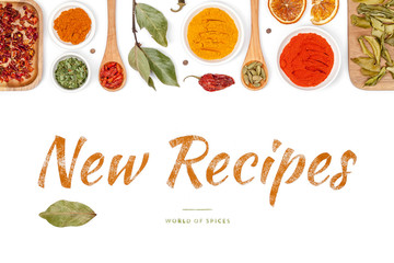 new recipes, spices and herbs on white background