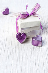  giftbox  heart white wooden background