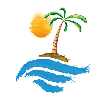 Tropical palm on island with sea. Vector logo.