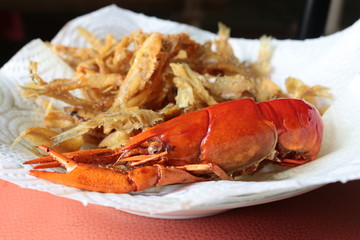 close-up macro boiled crawfish or crayfish  and fish fried of lo