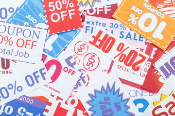 Colorful clipped multi valued grocery coupons
