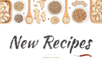 new recipes, spices and herbs on white background