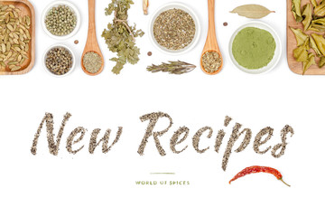 new recipes, spices and herbs on white background