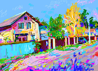 digital painting of autumn rural landscape with hut