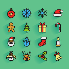 Set of colorful flat outlined Christmas icons